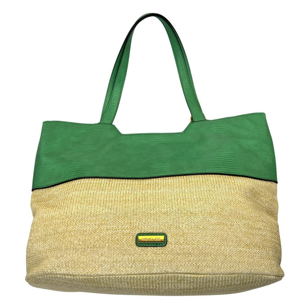 Rachel Zoe Green Embossed Faux Leather Tote Bag Handbag Purse Woven Straw